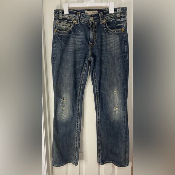 MEK Y2K Distressed Denim cream stitching Bootcut Men’s Jeans Mykonos 32 - Picture 1 of 8